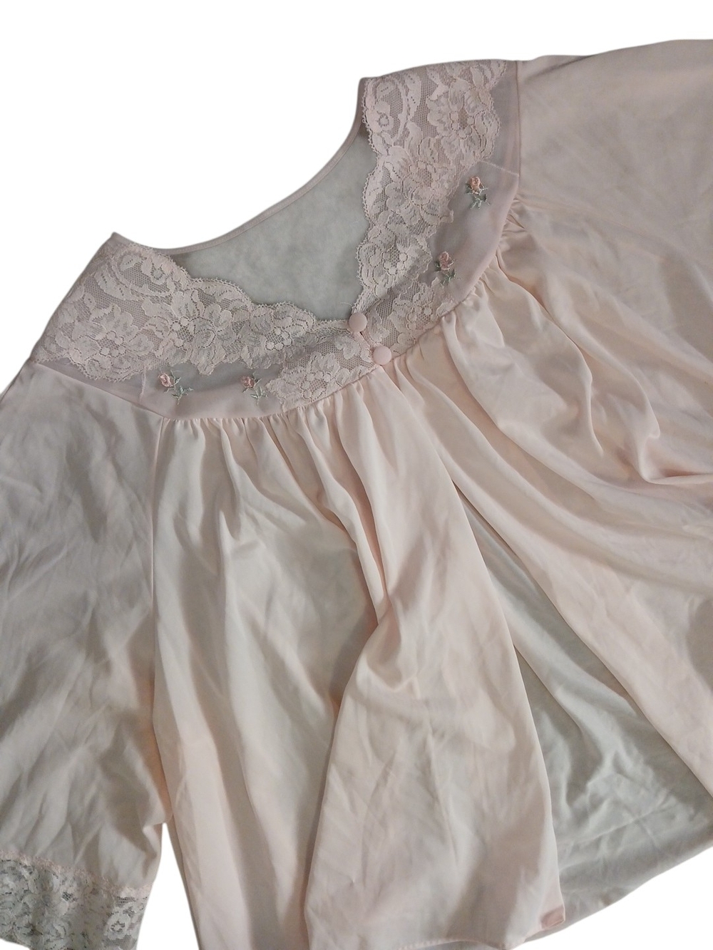 Vintage 1950s Shadowline Light Pink Silky Nylon Bed Lace & Embroidered Flower/L